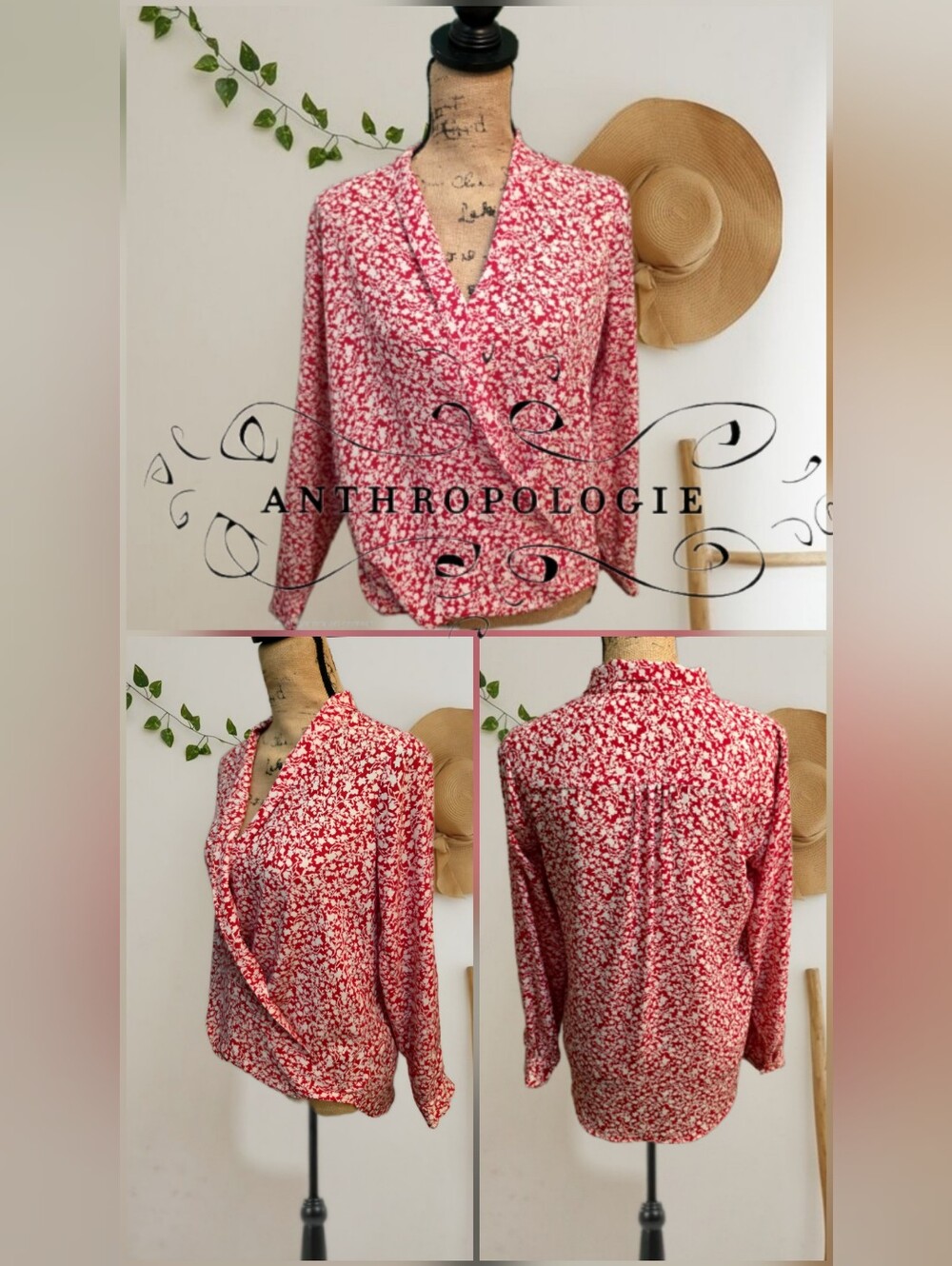 Pleione By Anthropologie Red and White Floral Faux Wrap Blouse